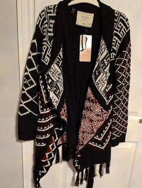 California Moonrise Black & White Open Front Patterned Fringe Cardigan Sweater